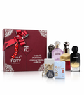 FCity perfume collection with a red gift box on a white background
