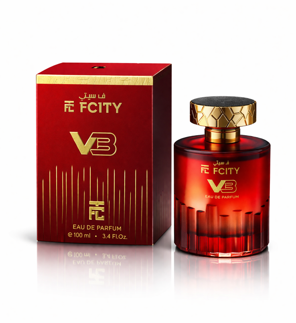 V3 Red and gold perfume bottle with packaging labeled 'FCity V3' on a white background
