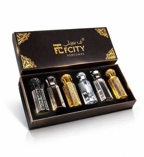 Set of FC City perfumes in a decorative box on a white background